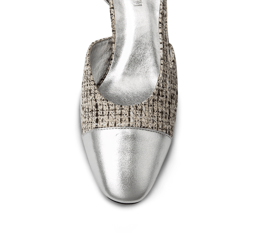 Two Tone Silver Toe Block Heel Slingback Sandals - Kaitlyn Pan Shoes