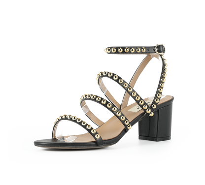 Kaisley Genuine Leather Studded Block Heel Caged Sandals - Kaitlyn Pan Shoes