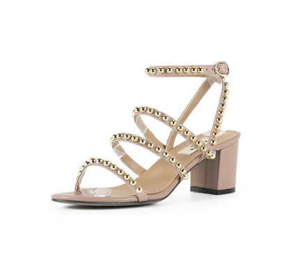 Kaisley Genuine Leather Studded Block Heel Caged Sandals - Kaitlyn Pan Shoes