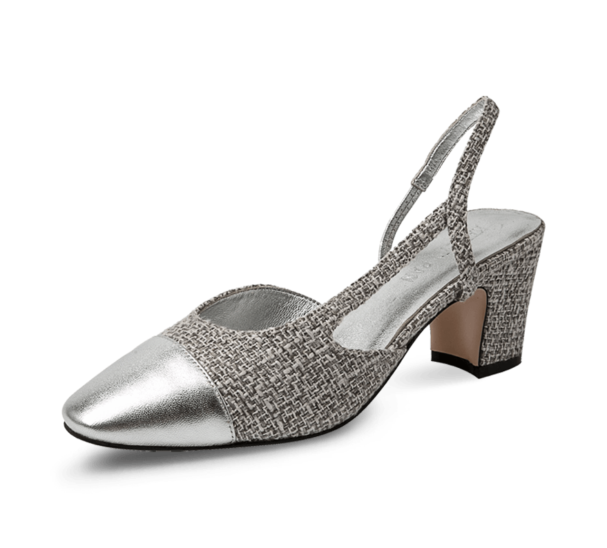 Two Tone Silver Toe Block Heel Slingback Sandals - Kaitlyn Pan Shoes