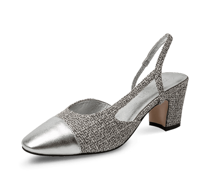 Two Tone Silver Toe Block Heel Slingback Sandals - Kaitlyn Pan Shoes