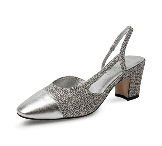 Two Tone Silver Toe Block Heel Slingback Sandals - Kaitlyn Pan Shoes
