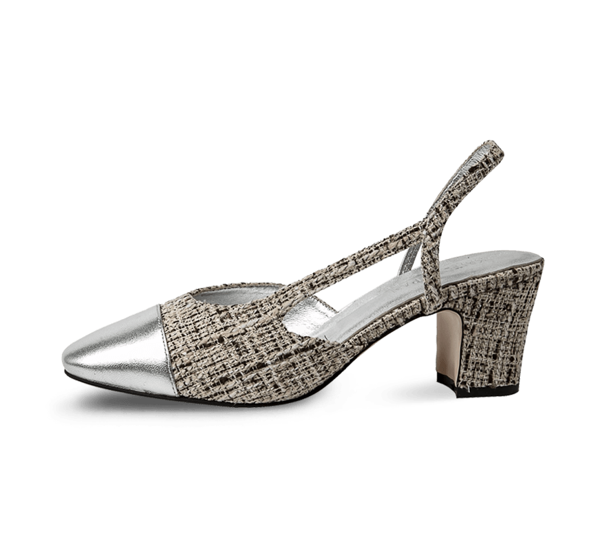 Two Tone Silver Toe Block Heel Slingback Sandals - Kaitlyn Pan Shoes