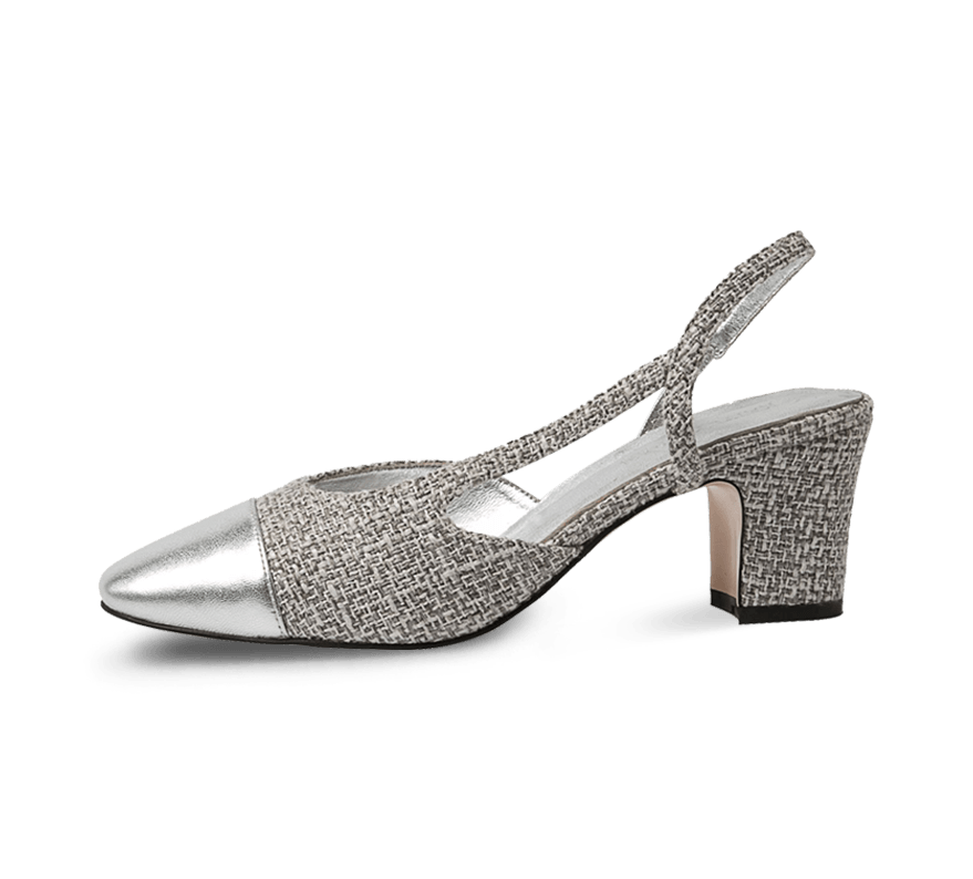 Two Tone Silver Toe Block Heel Slingback Sandals - Kaitlyn Pan Shoes