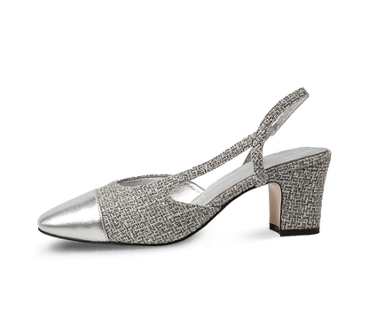 Two Tone Silver Toe Block Heel Slingback Sandals - Kaitlyn Pan Shoes