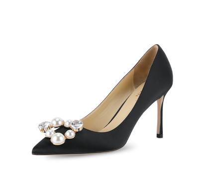 Pearl Buckle Satin Pumps - Kaitlyn Pan Shoes
