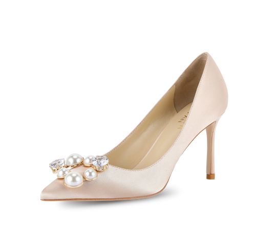 Pearl Buckle Satin Pumps - Kaitlyn Pan Shoes