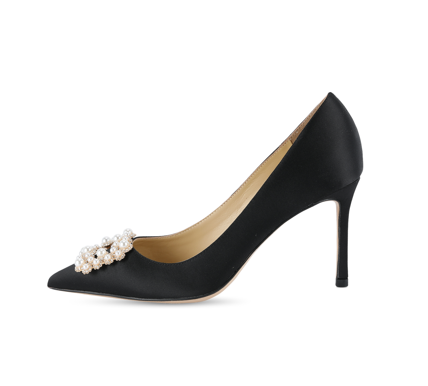 Crystal Pearl Buckled Satin Pumps - Kaitlyn Pan Shoes