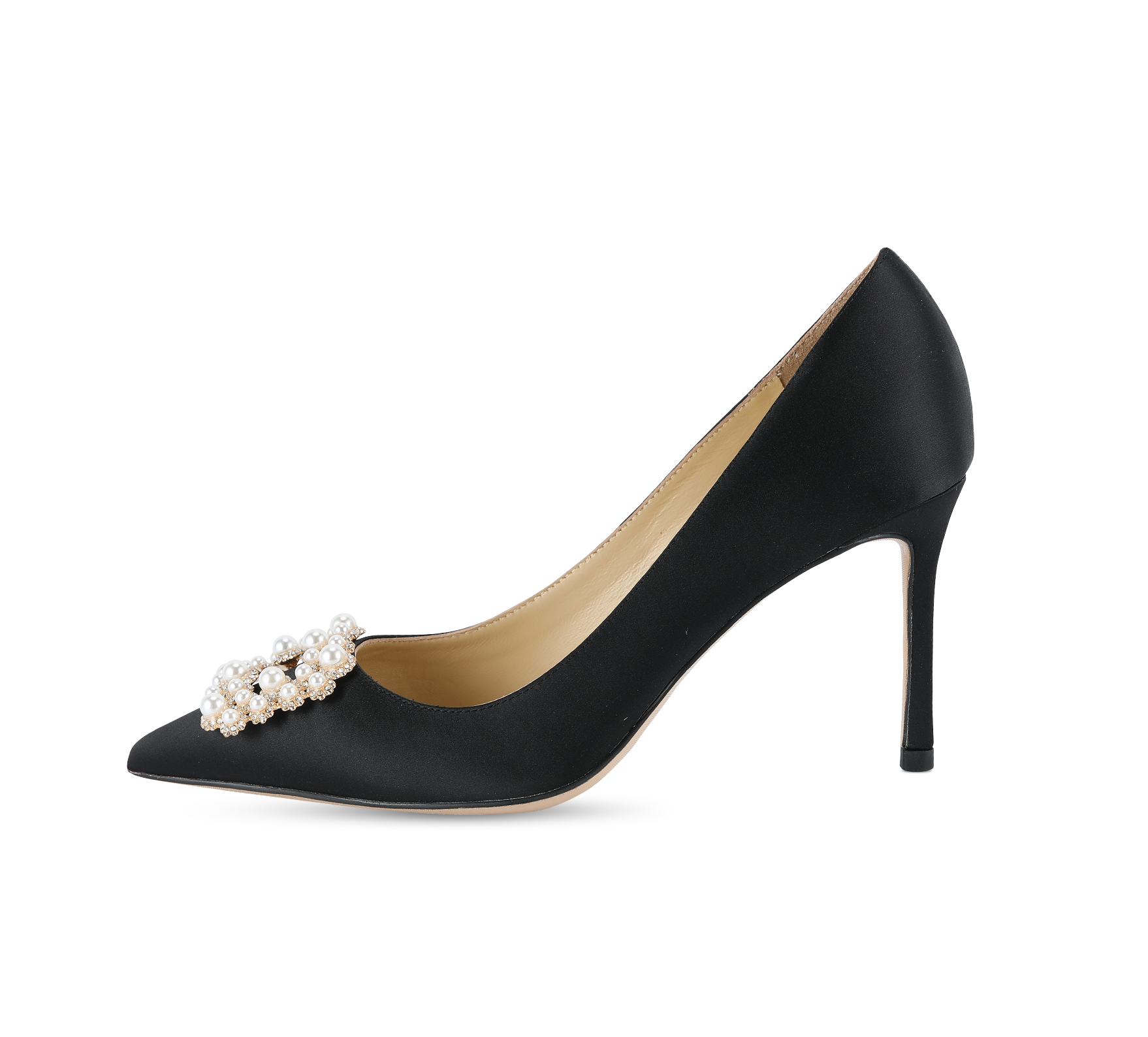 Crystal Pearl Buckled Satin Pumps - Kaitlyn Pan Shoes