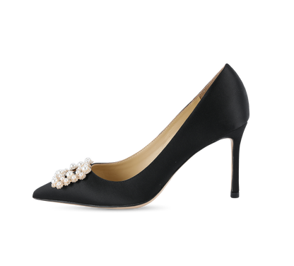 Crystal Pearl Buckled Satin Pumps - Kaitlyn Pan Shoes