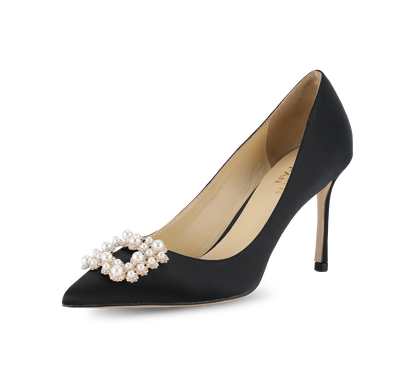 Crystal Pearl Buckled Satin Pumps - Kaitlyn Pan Shoes