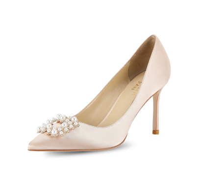 Crystal Pearl Buckled Satin Pumps - Kaitlyn Pan Shoes