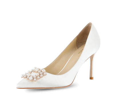 Crystal Pearl Buckled Satin Pumps - Kaitlyn Pan Shoes
