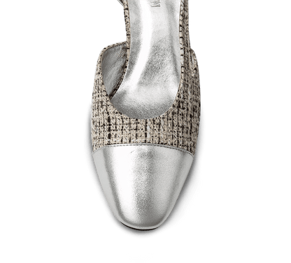 Two Tone Silver Toe Block Heel Slingback Sandals - Kaitlyn Pan Shoes