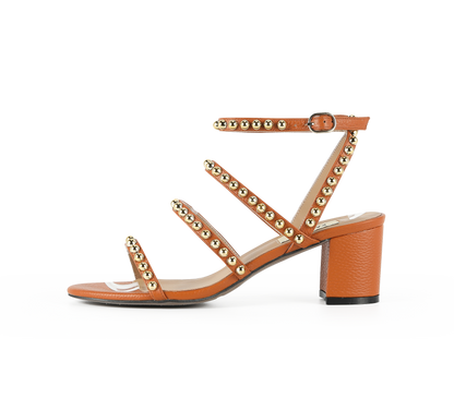 Kaisley Genuine Leather Studded Block Heel Caged Sandals - Kaitlyn Pan Shoes