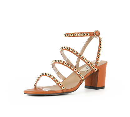 Kaisley Genuine Leather Studded Block Heel Caged Sandals - Kaitlyn Pan Shoes