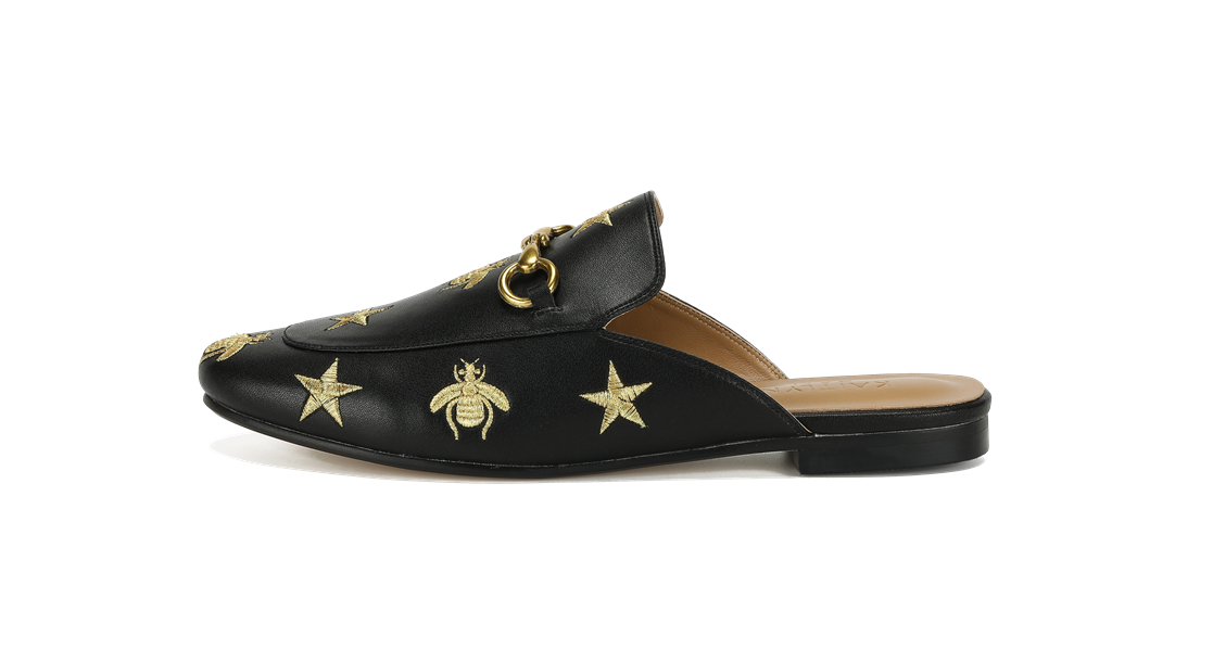 Aaliyah Buckled Mules - Black with Bees and Stars - Kaitlyn Pan Shoes