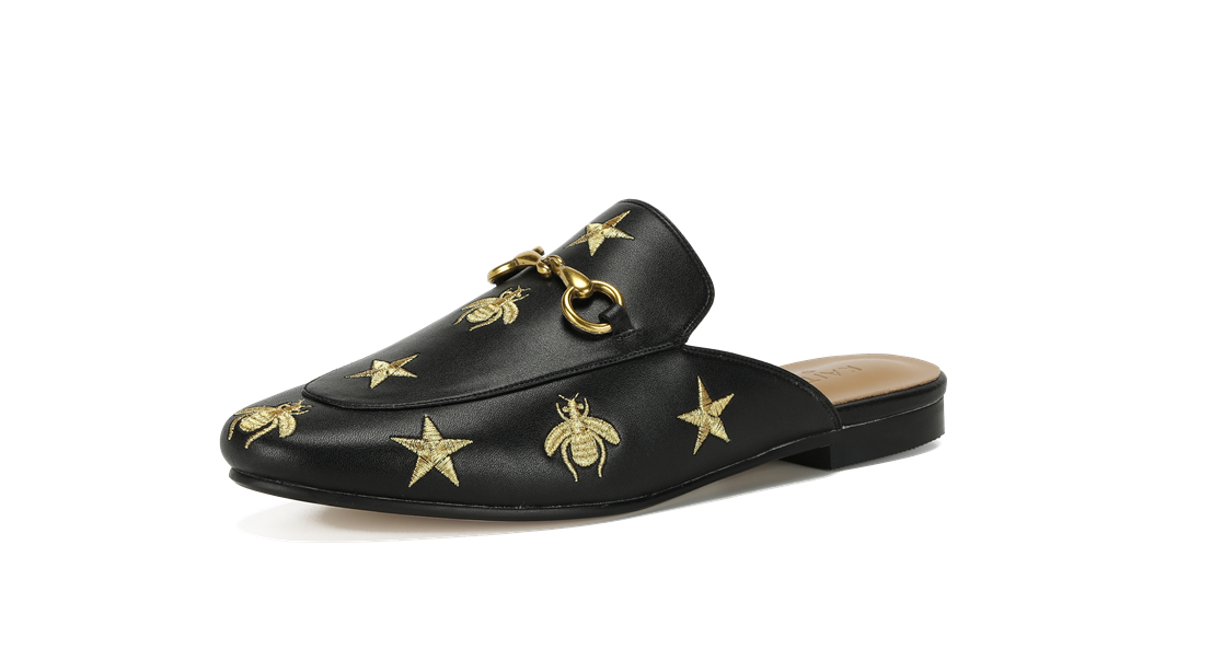 Aaliyah Buckled Mules - Black with Bees and Stars - Kaitlyn Pan Shoes