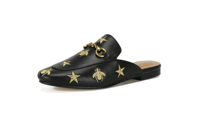 Aaliyah Buckled Mules - Black with Bees and Stars - Kaitlyn Pan Shoes