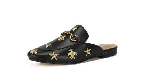 Aaliyah Buckled Mules - Black with Bees and Stars - Kaitlyn Pan Shoes