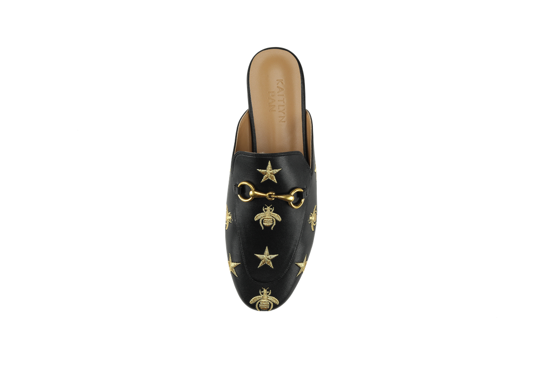 Aaliyah Buckled Mules - Black with Bees and Stars - Kaitlyn Pan Shoes