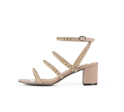 Kaisley Genuine Leather Studded Block Heel Caged Sandals - Kaitlyn Pan Shoes